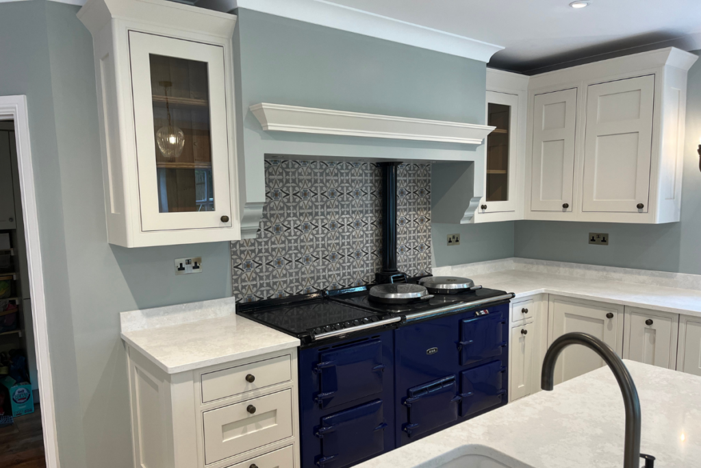 A kitchen featuring blue and white cabinets alongside a modern stove, creating a fresh and inviting atmosphere.